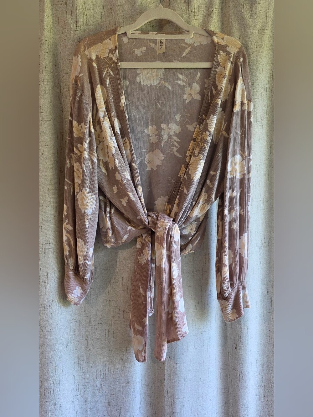 Mahina Tie-Front Lightweight Floral Crop Top - Cream Floral on Taupe S